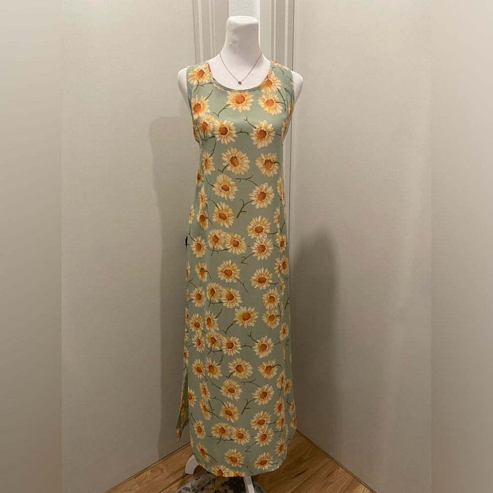 VTG 90s SetUp Green & Cream Daisy Floral Print Maxi Dress With Side Slits - 10